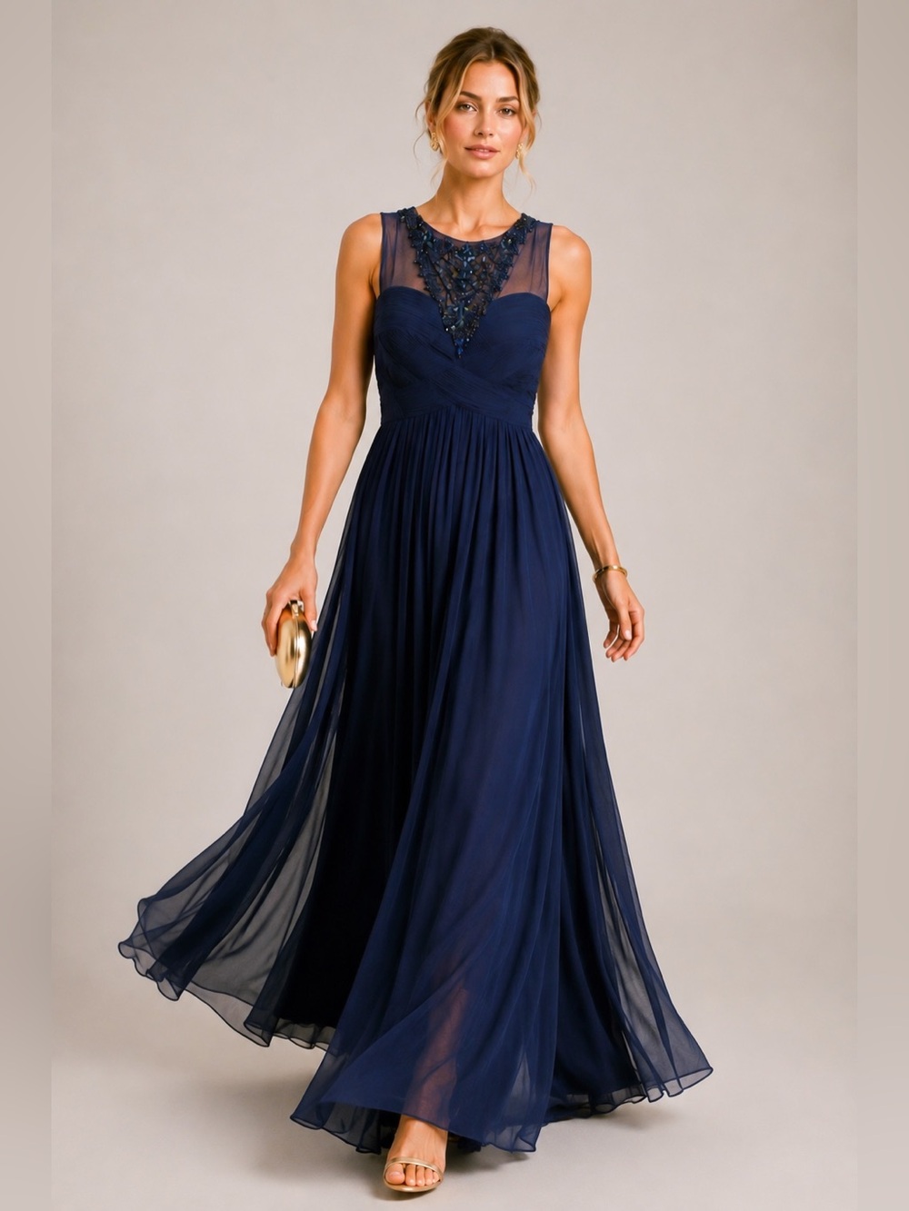 JS Collections Navy Beaded Illusion Maxi Dress Gown Wedding Prom Bridesmaid Sz 6